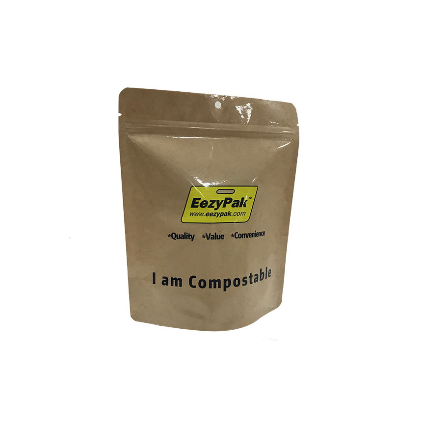 OEM 100% Compostable Food Grade Kraft Stand Up Pouch Custom Printed Zipper Bag Supplier
