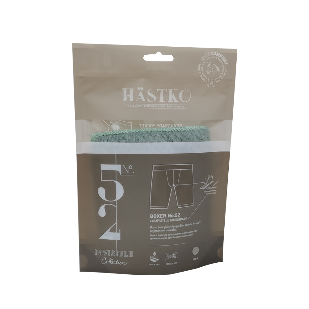 Design di imballaggi tessili per abiti in amido di mais certificato Finestra trasparente biodegradabile personalizzata con borsa per calzini Doypack con foro per appendere