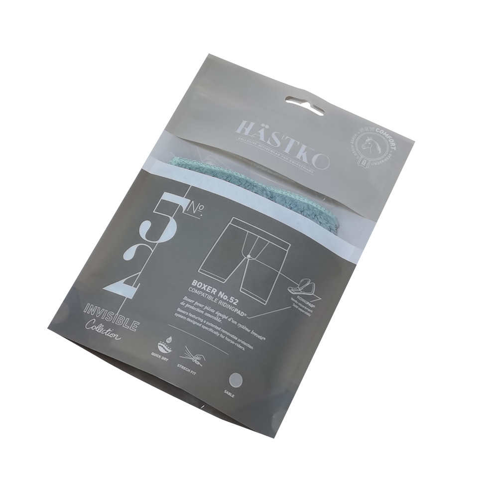 Design di imballaggi tessili per abiti in amido di mais certificato Finestra trasparente biodegradabile personalizzata con borsa per calzini Doypack con foro per appendere